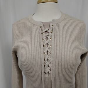 INC International light oatmeal/taupe ribbed knit top with lace-up front
